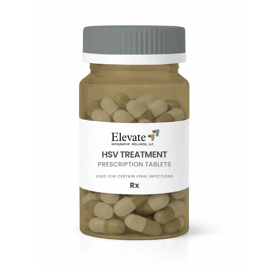 Amber prescription bottle with gray cap containing HSV treatment capsules; label reads Elevate HSV Treatment Prescription Tablets (Rx).