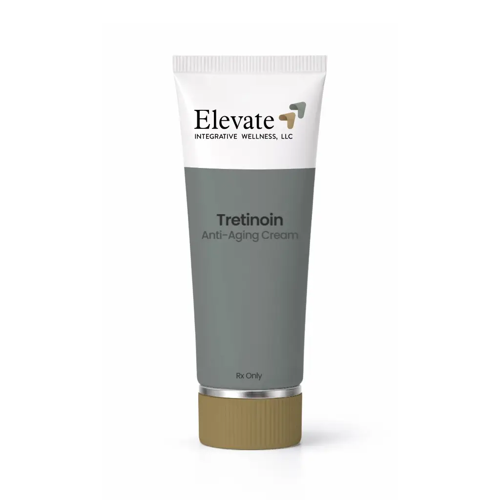 Tube of Elevate Tretinoin Anti-Aging Cream by Elevate Integrative Wellness, Rx Only label visible at bottom cap.