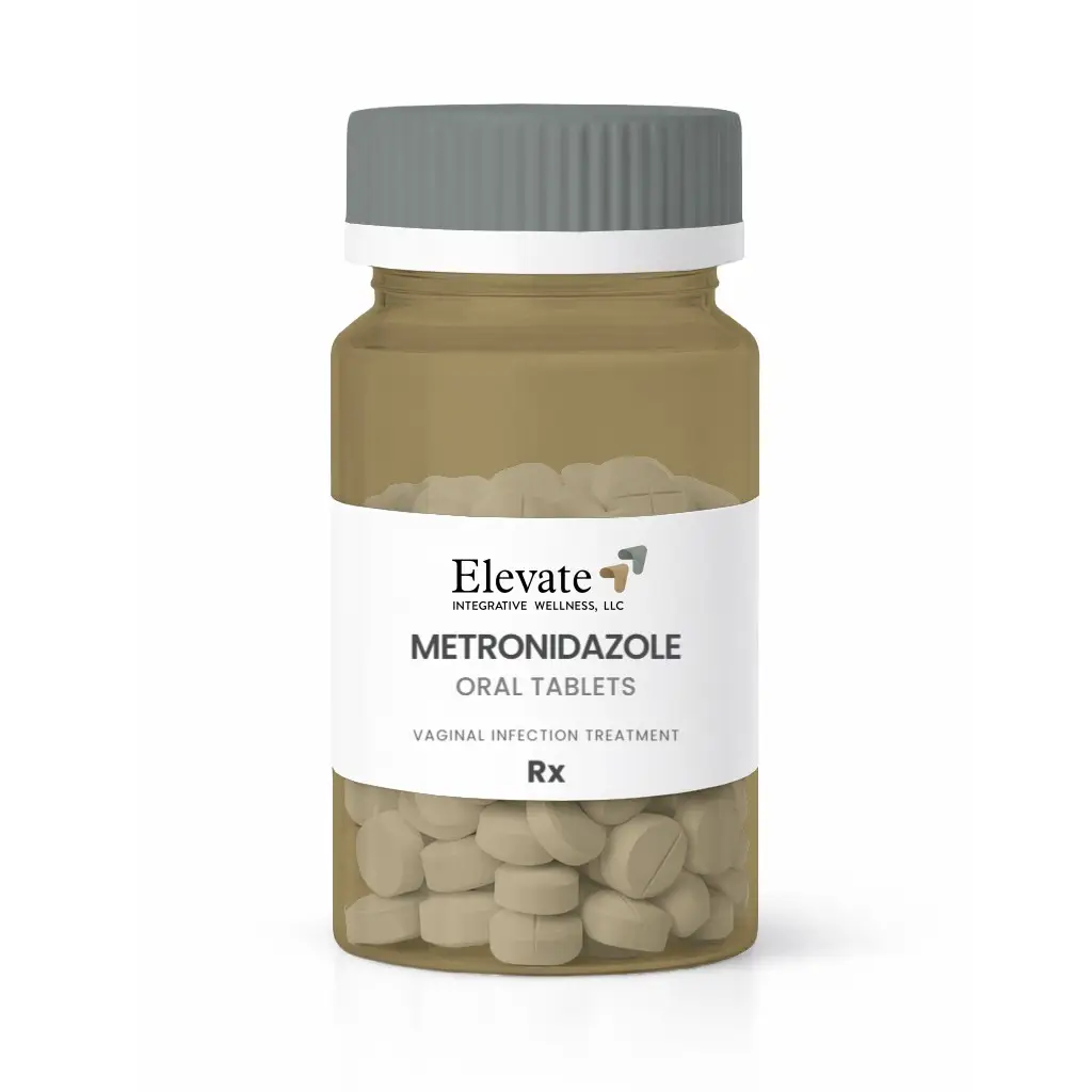Prescription bottle of Metronidazole oral tablets for vaginal infection treatment, Elevate label on white band.