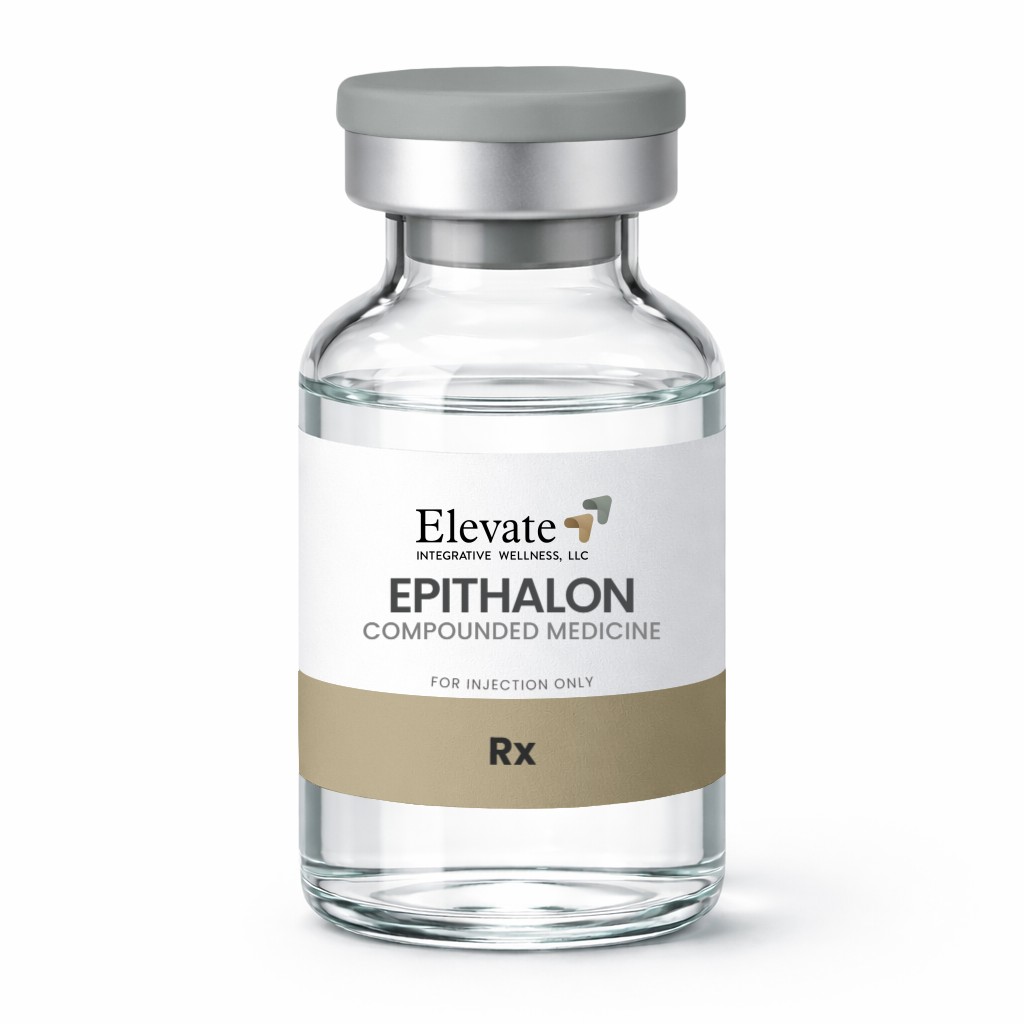 Clear glass vial with gray cap labeled Elevate Epithalon: Compounded Medicine for injection only, Rx