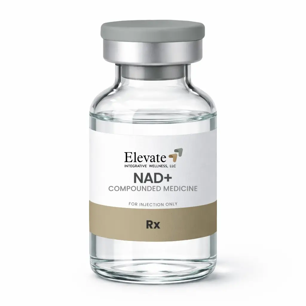 Glass prescription vial with gray cap labeled NAD+ Compounded Medicine for injection only,Rx, from Elevate Integrative Wellness