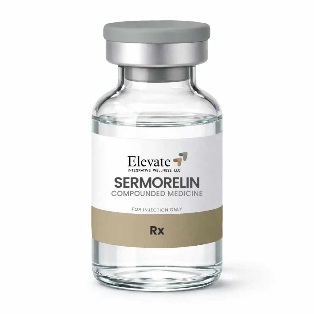 Clear glass medicine vial with gray cap and label reading Sermorelin, compounded medicine, for injection only.