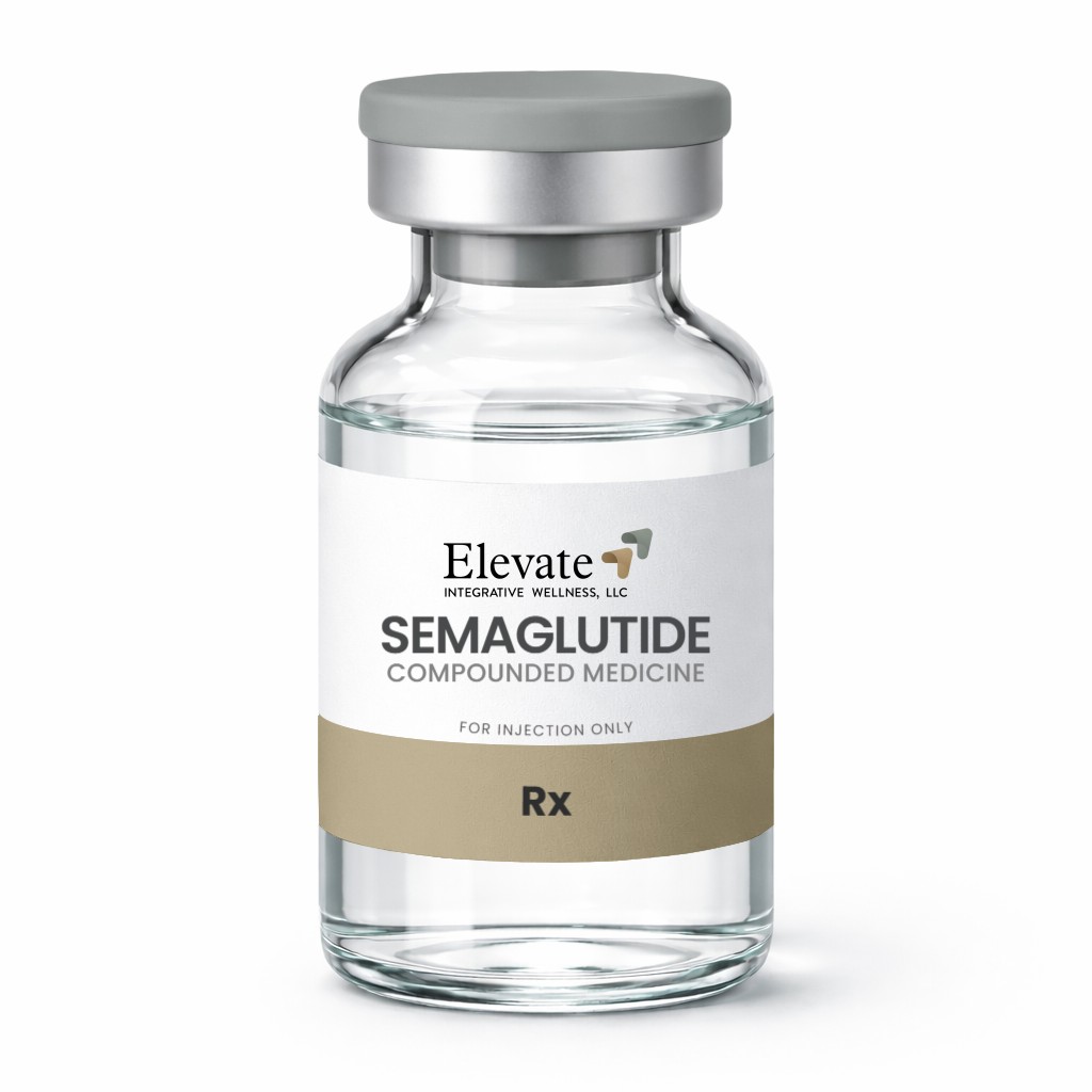 Glass vial with approved-label medicine: Elevate Semaglutide compounded injectable, “Rx” banded label on white and beige wrap — for injection only