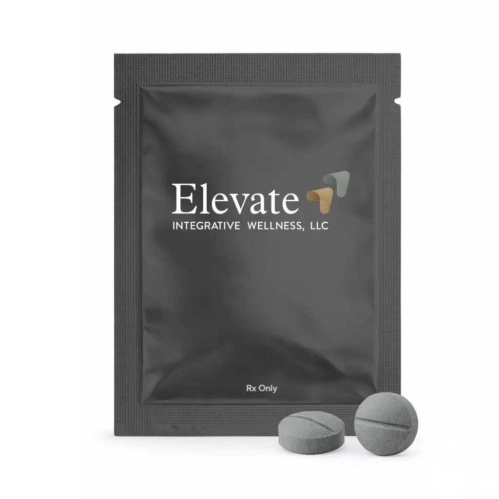 Dark gray resealable pouch showing the Elevate Integrative Wellness, LLC logo with two gray round tablets in front; Rx Only label visible.